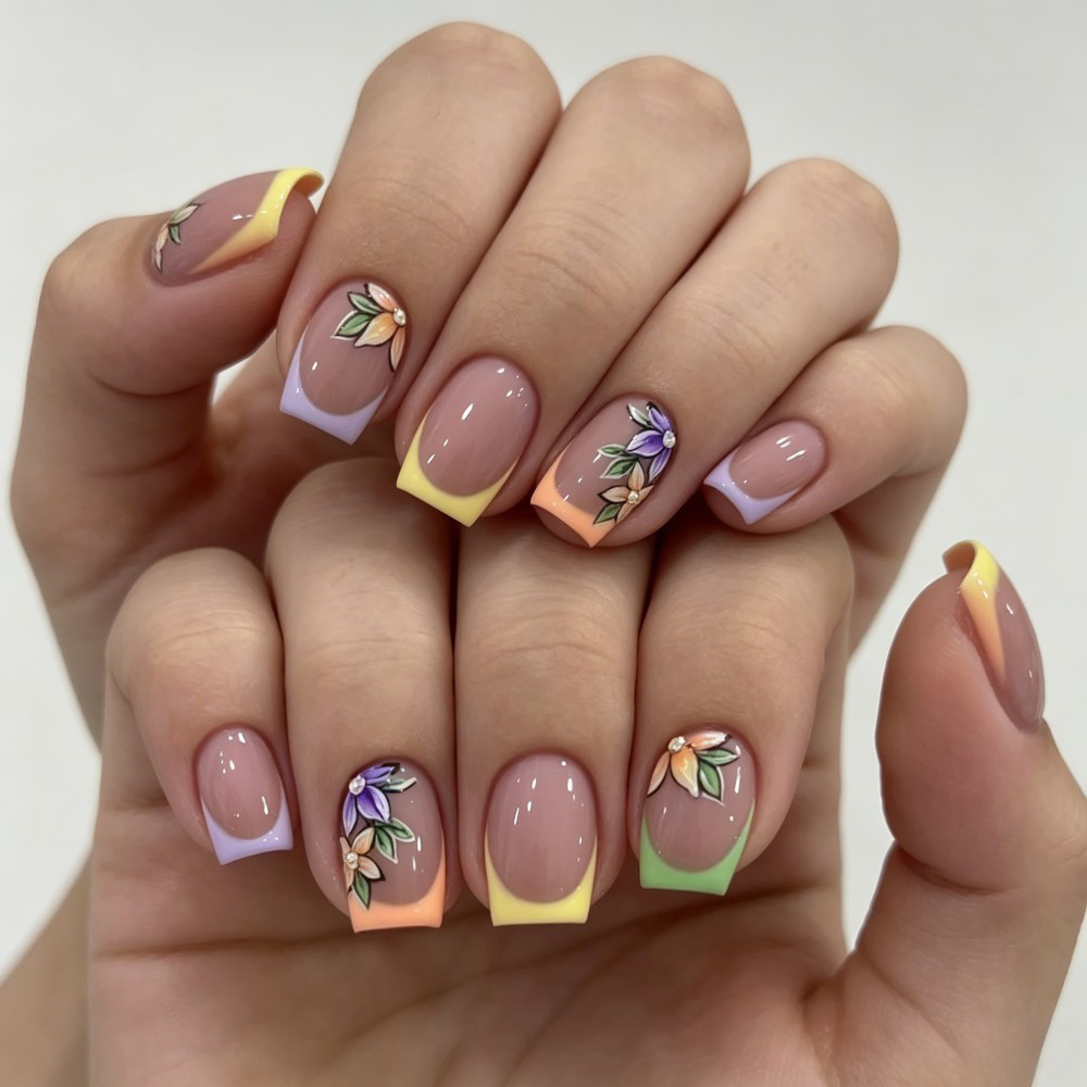 Nail Art Fake Nails - 24 Stück Rosa Blumenmuster French Tip